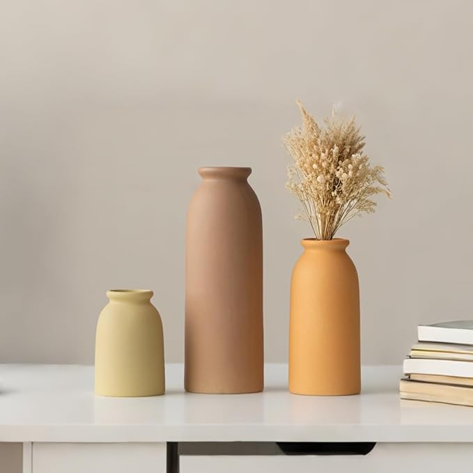 Ceramic Vase Set-3, Small Flower Vases for Decor, Modern Boho Farmhouse Style, Decorative Vases for Pampas Grass & Dried Flowers, Distressed Finish (Brown Mix)-VerdiqueGarden