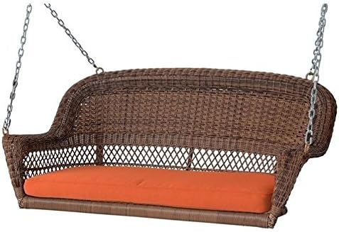 Pemberly Row Honey Wicker Porch Swing with Orange Cushion-VerdiqueGarden