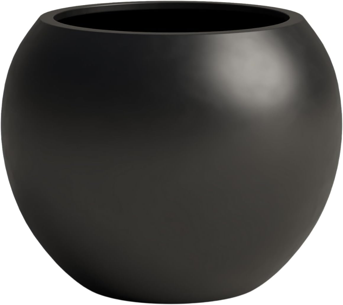 DTY Signature Mount Sherman Lightweight Durable Modern Fiberstone Sphere Planter for Indoor & Outdoor Drainage Hole & Rubber Plug Weather Resistant, 13.5" H x 17" Dia, 12" Opening- Medium, Black-VerdiqueGarden