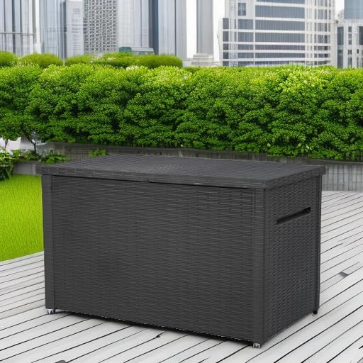 Keter Java XXL 230 Gallon Resin Rattan Look Large Outdoor Storage Deck Box for Patio Furniture Cushions, Pool Toys, and Garden Tools, Dark Grey-VerdiqueGarden
