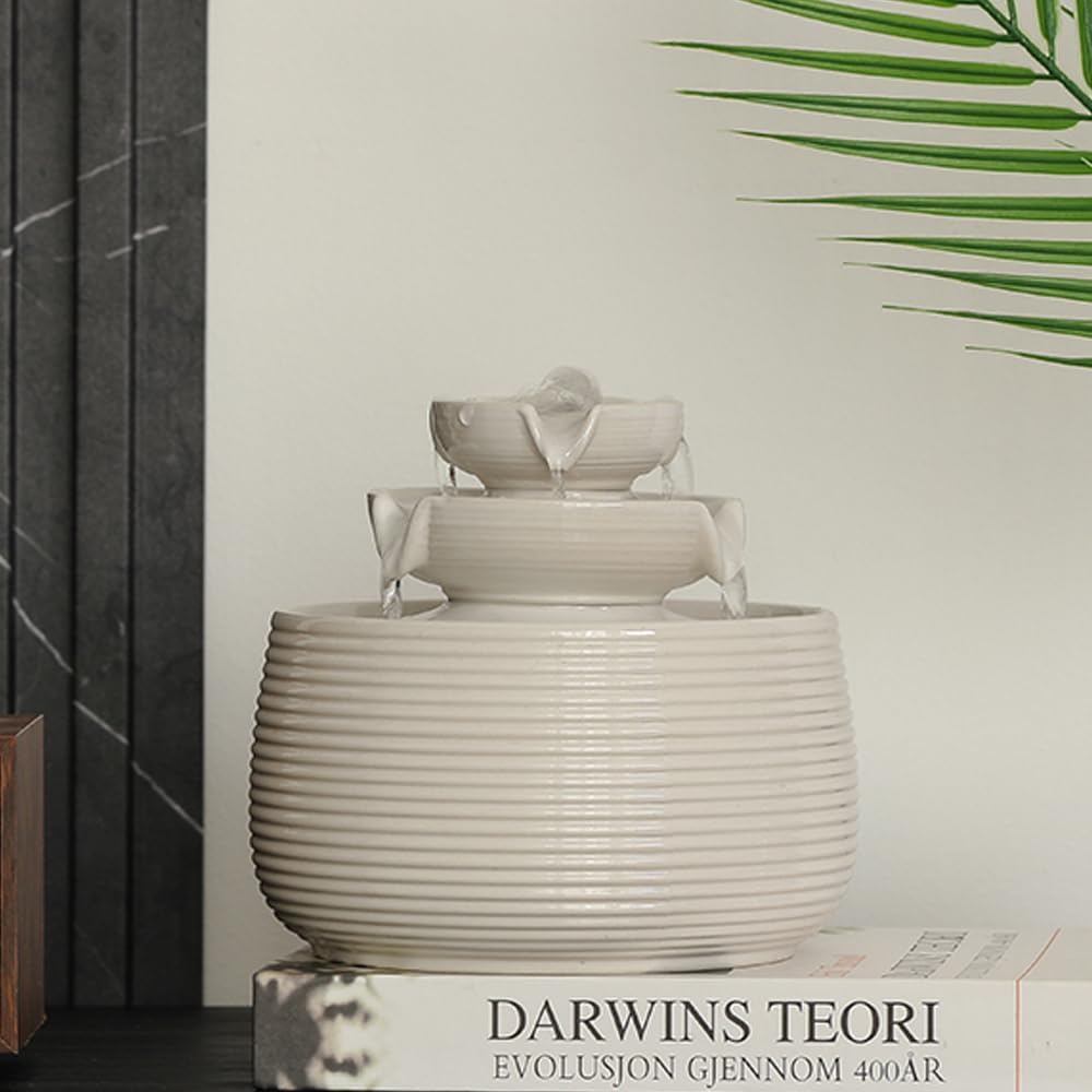 Outdoor and Indoor Water Feature Fountain Waterfall Tabletop Desktop mini Ceramic Garden Fountain (White A170)-VerdiqueGarden