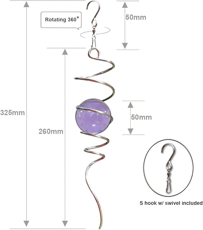 Fonmy Purple Gazing Ball Spiral Tail Wind Spinner Stabilizer with Swivel Hook 11inch Stainless Steel Tail and 2 inch Purple Glass Orb. Indoor Outdoor Garden Decoration Hanging Ornaments-VerdiqueGarden