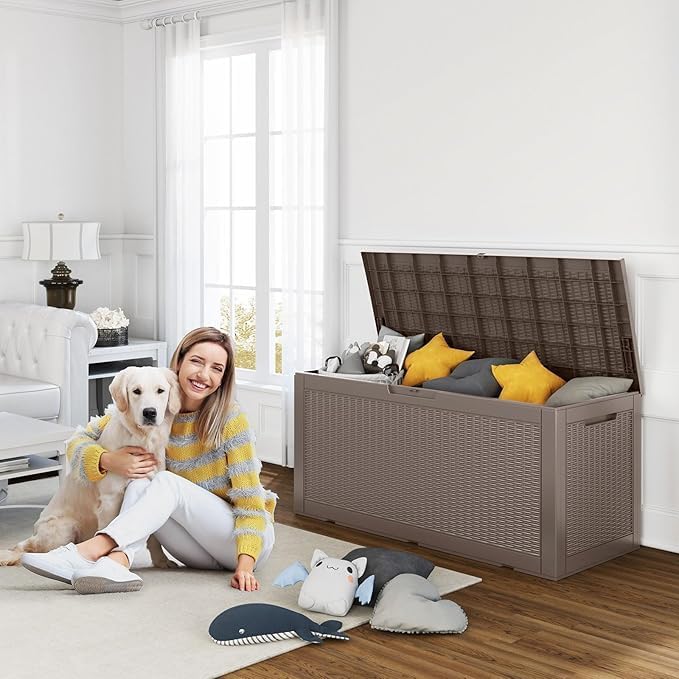 100 Gallon Outdoor Storage Box – Waterproof Deck Box for Garden & Patio,Light Brown-VerdiqueGarden
