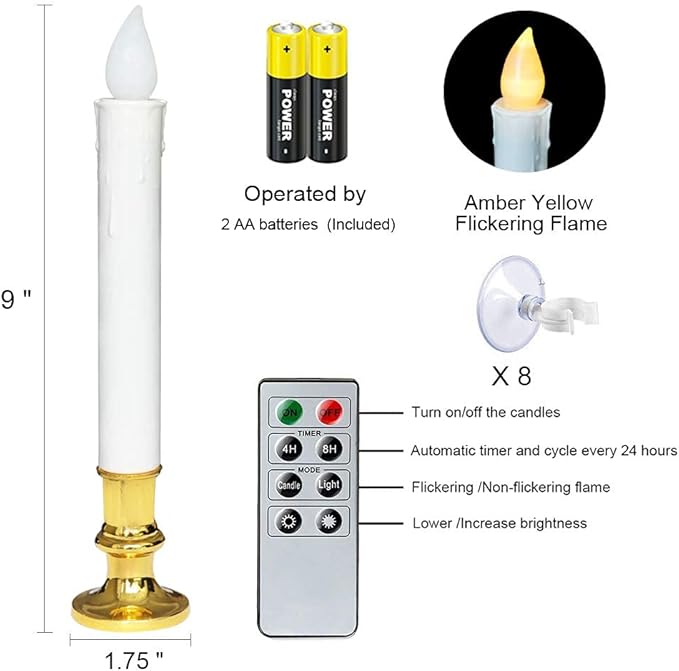 DRomance 9" Flameless Window Taper Candles Battery Operated with 8-Key Remote and Timer, 8 Pack White Christmas Holdiay Window Candles with Gold Holders, Suction Cups and AA Batteries Included-VerdiqueGarden