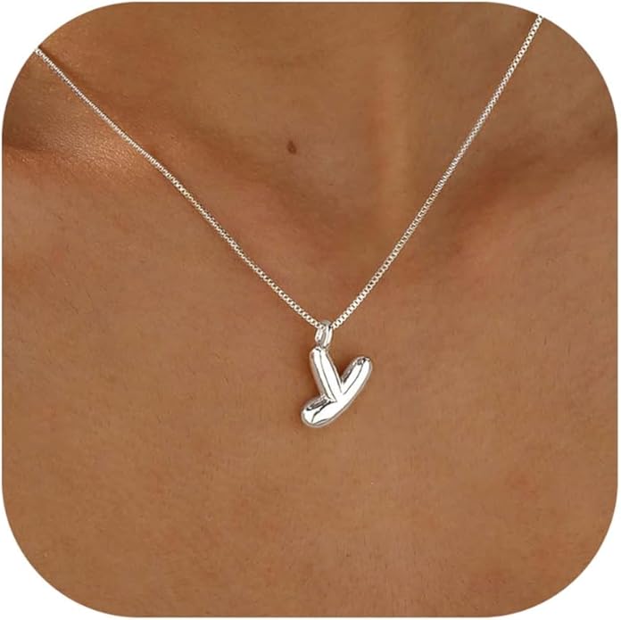Bubble Gold Silver Letter Necklace Initial Necklaces for Women Trendy 14K Dainty Charm Pendant Name Necklace Personalized Jewelry Gift for Women Teen