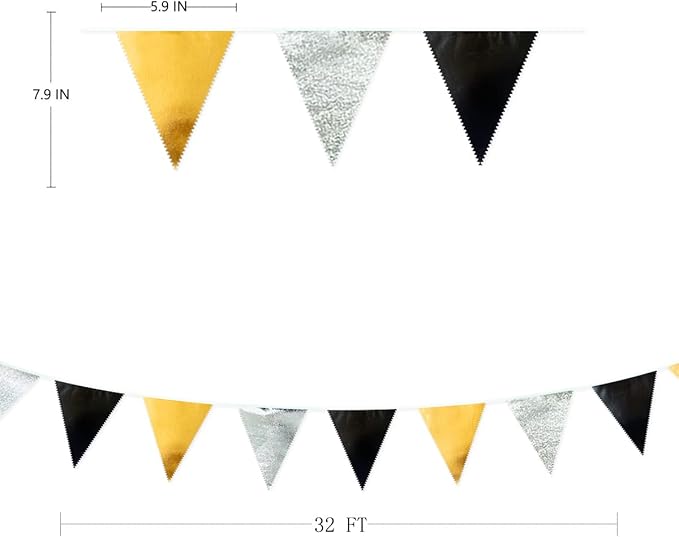 Black Gold Silver Party Decoration Triangle Pennant Banner Flag Metallic Fabric Bunting Garland for Birthday Graduation Anniversary Wedding Bridal Shower Bachelorette Engagement Disco Party Supplies-VerdiqueGarden