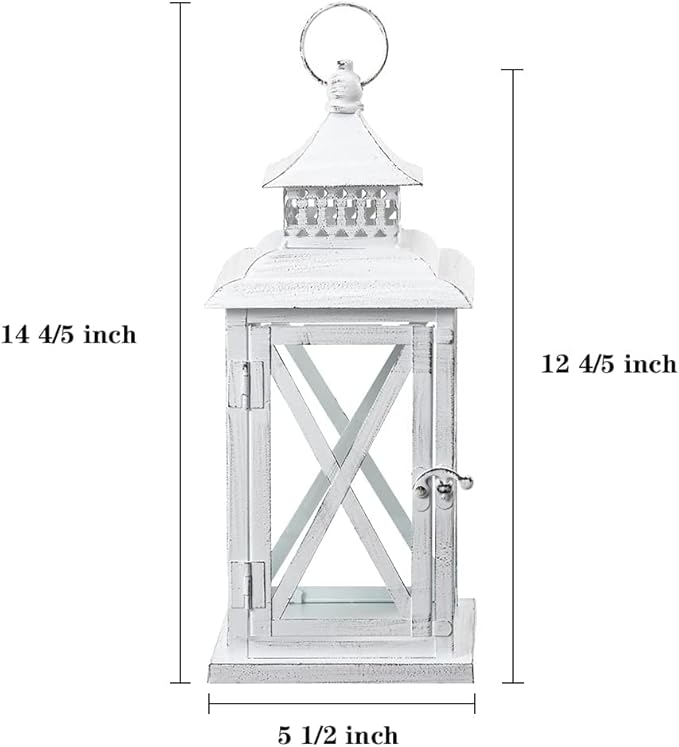 DECORKEY Lantern Decorative Indoor & Outdoor, Large Square Hanging Spring Home Decor, Vintage Metal Decorative Candle Lanterns for Outdoor Patio Wedding Party White with Black Brush-VerdiqueGarden