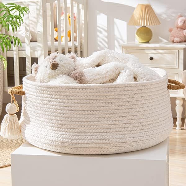 KAKAMAY Woven Baskets for Storage(16"x8"),Blanket Basket for Organizing Living Room,Cotton Rope Basket Woven Baby Laundry Hamper,Collapsible Laundry Room Organization,Clothes,Toy Chest(White)-VerdiqueGarden