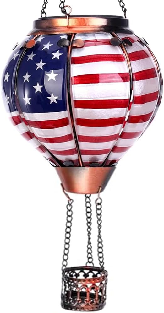 Hot Air Balloon Solar Lantern with Flickering Flame, Glass Hanging Garden Lights Outdoor Waterproof for Tree Yard Patio Mother's Day Gift, 18" H Flag-VerdiqueGarden