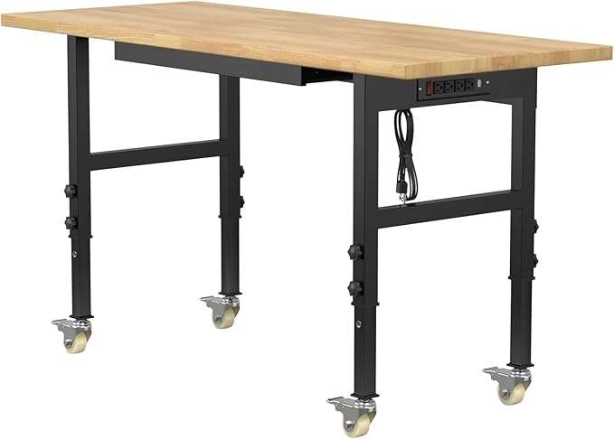 60" Adjustable Workbench,Heavy-Duty Work Table,3000 LBS Load Capacity Hardwood Workstation Outlets with Power Strips, Drawers and Wheels,for Workshop, Garage-VerdiqueGarden