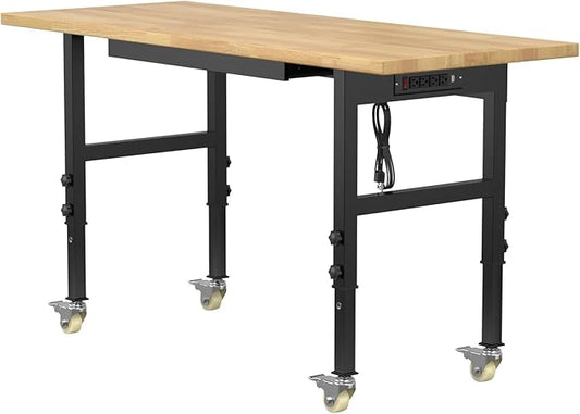 60" Adjustable Workbench,Heavy-Duty Work Table,3000 LBS Load Capacity Hardwood Workstation Outlets with Power Strips, Drawers and Wheels,for Workshop, Garage-VerdiqueGarden