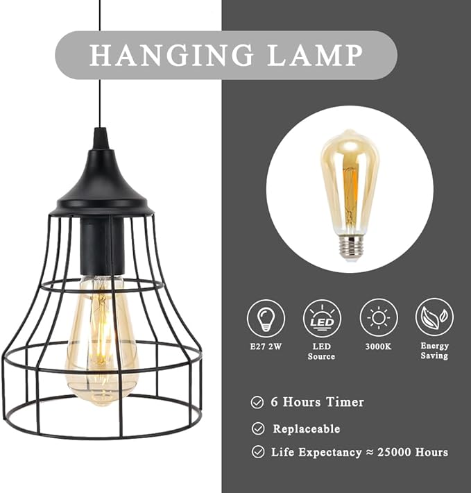 JHY DESIGN Hanging Lamp Black Battery Powered Decorative Pendant Lamp Metal Cage Battery Lamp with 6 Hours Timer for Bar Bedroom Garden Parties Patio Indoor Outdoor Living Room(Geometry)-VerdiqueGarden