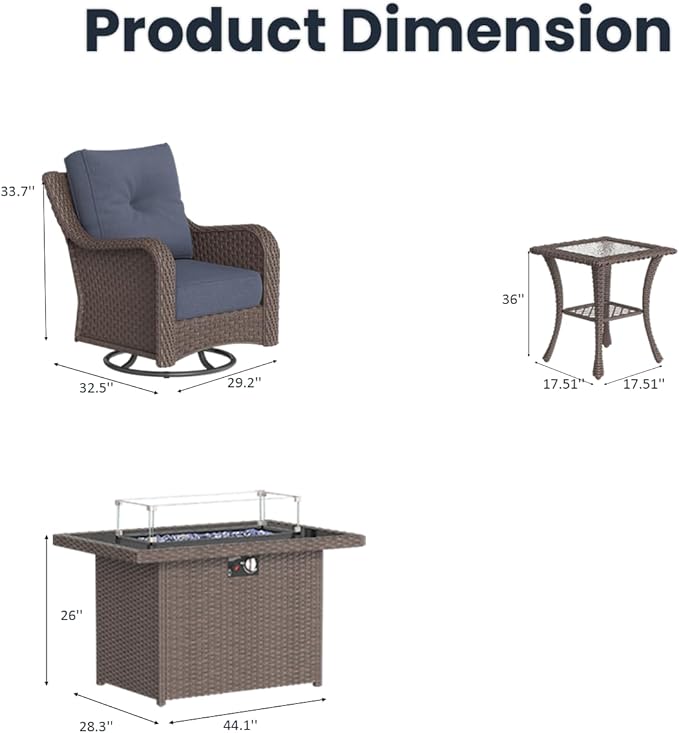 7 Pieces Outdoor Patio Furniture Sets with Rocking Swivel Chairs with 6-inch Thick Cushion and Fire Pit Table for Deck Lawn-VerdiqueGarden