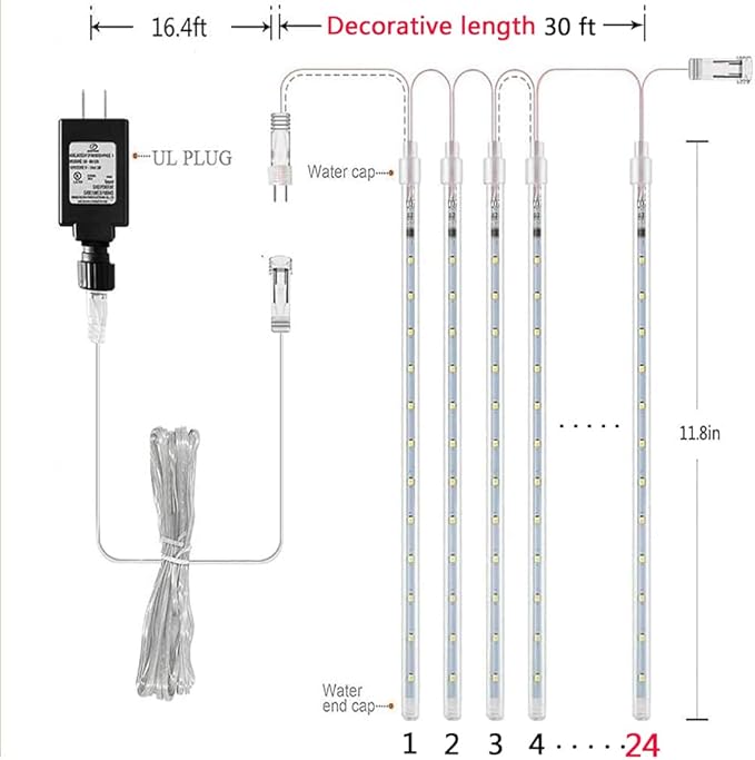 Aokudoni Christmas Lights Outdoor, 24 Tubes Meteor Shower Lights (Equivalent to 3 Sets of 8-Tubes), Waterproof Outside Christmas Decorations for Tree Window Yard Party Holiday, UL Plug, White-VerdiqueGarden
