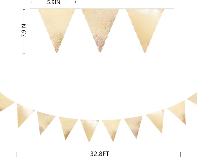 Champagne Gold Party Decoration Metallic Fabric Triangle Pennant Banner Flag Bunting Garland for Birthday Engagement Bridal Shower Wedding Anniversary Graduation Bachelorette Party Decoration Supplies-VerdiqueGarden