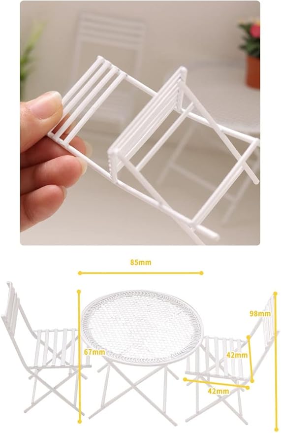 Dollhouse Miniature Bistro Table & Chairs Set Accessories Metal 1:12 Scale Miniatures White Coffee/Tea Furniture Fairy Garden Cute Rustic Elegant Decorations Ornaments (B)-VerdiqueGarden