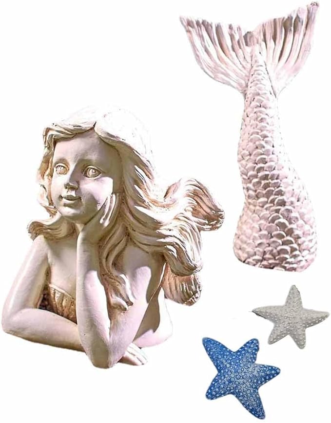 BGBWBFBR Handmade Mermaid Statue Set with Blue and White Starfish: A Beautiful Addition to Your Home Décor, ry-001-VerdiqueGarden