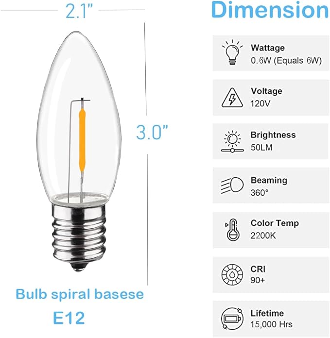 C9 Christmas Replacement LED Light Bulbs,E17 Base Commercial Grade Holiday Bulbs, 4W 5W 6W 7W Incandescent Equivalent, Warm White 2200K, Clear Plastic Bulbs for Christmas String Light - 50 Pack-VerdiqueGarden