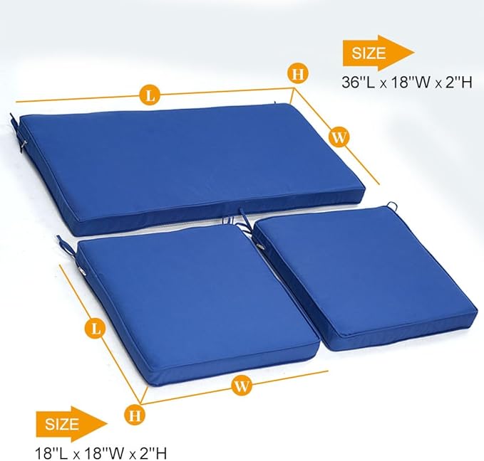 3-Pack Outdoor Patio Furniture Replacement Cushions Set–High-Elastic Sponge Cushions Fit 4-Piece Wicker Rattan Sofa, Loveseat & Chairs, 36x18x2 & 18x18x2, Waterproof, Fade-Resistant (Navy blue)-VerdiqueGarden