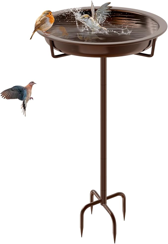 Metal Bird Bath for Outside, 36.2" Height Birdbath Bowl Standing Bird Feeders for Outdoors with 4 Prongs Base Stake, Freestanding Birdfeeders for Garden Yard Lawn Decor (Brown)-VerdiqueGarden