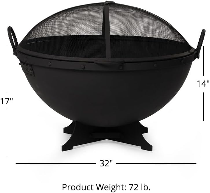 Ash & Ember 32in Hemisphere Fire Pit with Screen and Poker, Cast Iron High-Temperature Black Paint Fire Bowl, Wood Burning Backyard Fireplace, Portable Outdoor Firepit-VerdiqueGarden
