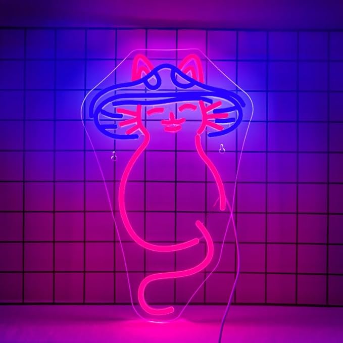 Mushroom Cat Neon Sign Cat Neon Signs for Wall Decor Dimmable Mushroom Cat Neon Lights LED Light Up Sign for Bedroom,Living Room,Bar,Party,Christmas,Birthday Art Gift-VerdiqueGarden