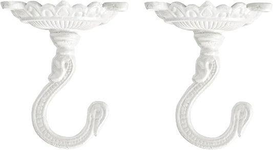 Sungmor Heavy Duty Ceiling Hooks for Hanging Plants, 2PC White 3.5x3.9Inch Large Cast Iron Ceiling Hooks, Antique Decorative Ceiling Swag Hooks for Hanging Planter Chandelier Wind Chime Lantern Hanger-VerdiqueGarden