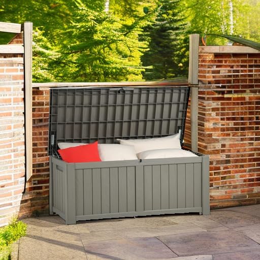 YITAHOME 120 Gallon Outdoor Storage Deck Box, Large Resin Patio Storage for Outdoor Pillows, Garden Tools and Pool Supplies, Waterproof, Lockable (Light Brown)-VerdiqueGarden
