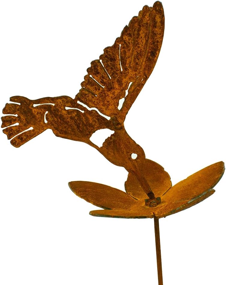 Hummingbird and Flower Garden Stake | Steel Construction with Real Rust Finish | Made in USA-VerdiqueGarden