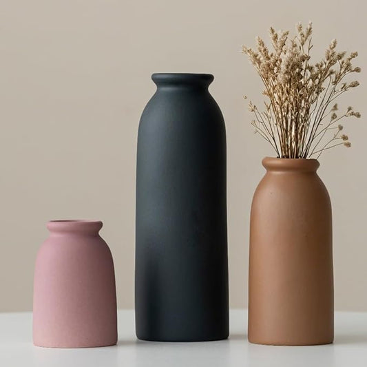 Ceramic Vase Set-3, Small Flower Vases for Decor, Modern Boho Farmhouse Style, Decorative Vases for Pampas Grass & Dried Flowers, Distressed Finish (Light Coffee)-VerdiqueGarden