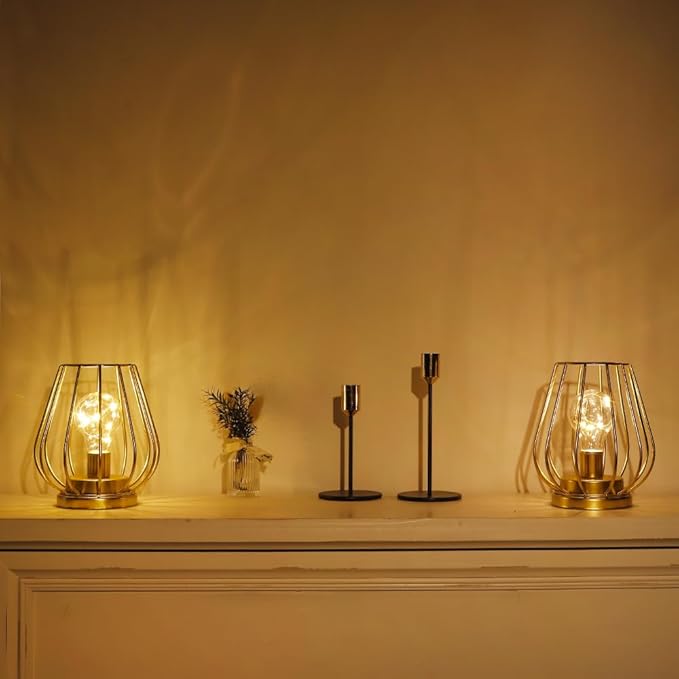 TRIROCKS Set of 2 Metal Battery Operated Lamp 7'' Tall Cage Shape Cordless Table Lamp Battery Lanterns with Warm Fairy Lights Bulb for Patio Garden Wedding Parties Indoor Outdoor(Gold)-VerdiqueGarden