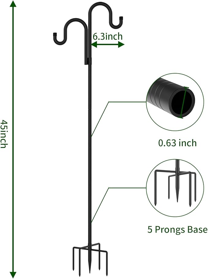 Double Shepherds Hooks for Outdoor, Bird Feeder Pole with 5 Prongs Base, Heavy Duty Garden Hook for Lantern, Wind Chime and Hummingbird Feeder, 45 Inch, 2 Pack-VerdiqueGarden
