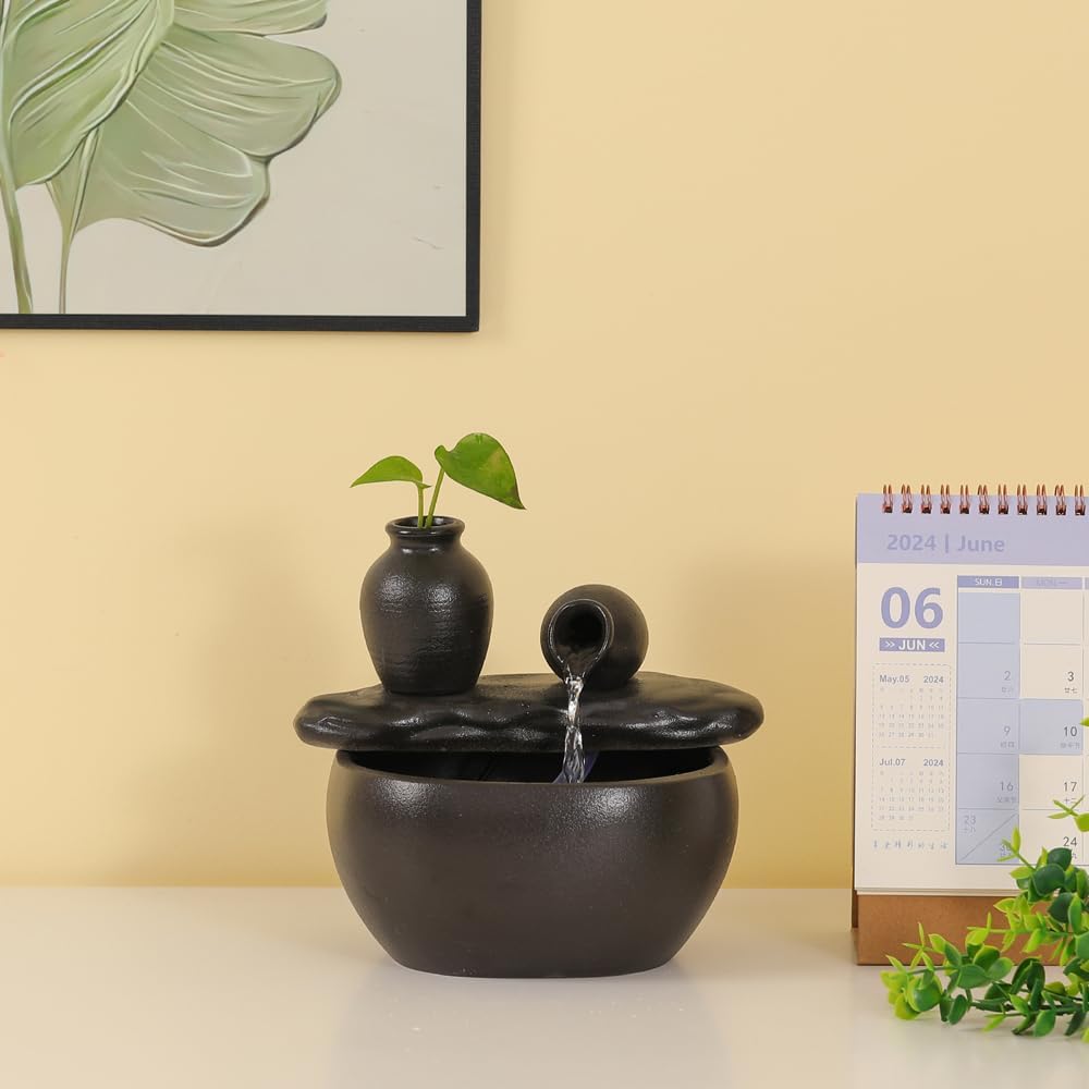 Ceramic Tabletop Fountain for Indoor and Home Decoration Table Desk Office Patio (Ceramic Pot Fountain) (Black)-VerdiqueGarden