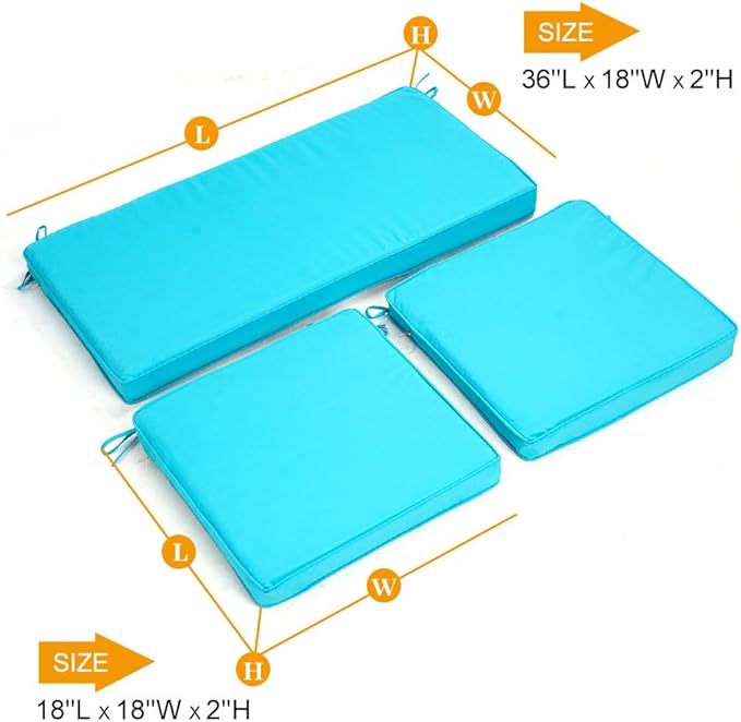 3-Pack Outdoor Patio Furniture Replacement Cushions Set–High-Elastic Sponge Cushions Fit 4-Piece Wicker Rattan Sofa, Loveseat & Chairs, 36x18x2 & 18x18x2, Waterproof, Fade-Resistant (Lake blue)-VerdiqueGarden