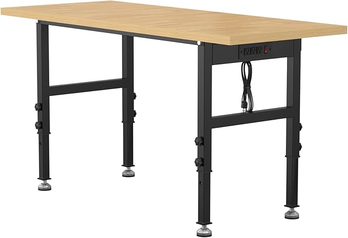 60" Adjustable Workbench,Heavy-Duty Work Table,3000 LBS Load Capacity Particleboard Hardwood Workstation Outlets with Power Strips and Fixed feet,for Workshop, Garage-VerdiqueGarden