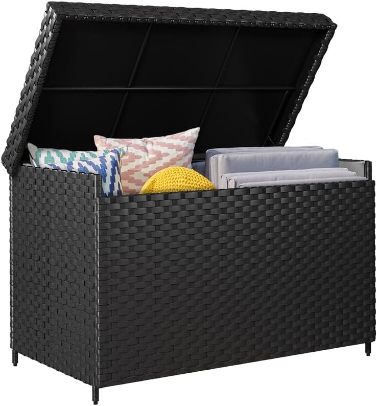 YITAHOME 230 Gallon Wicker Deck Box, XXL All-Weather Outdoor Storage Box, Rattan Storage Bin for Patio Furniture, Outdoor Cushions, Pool Storage and Garden Tools - Black-VerdiqueGarden