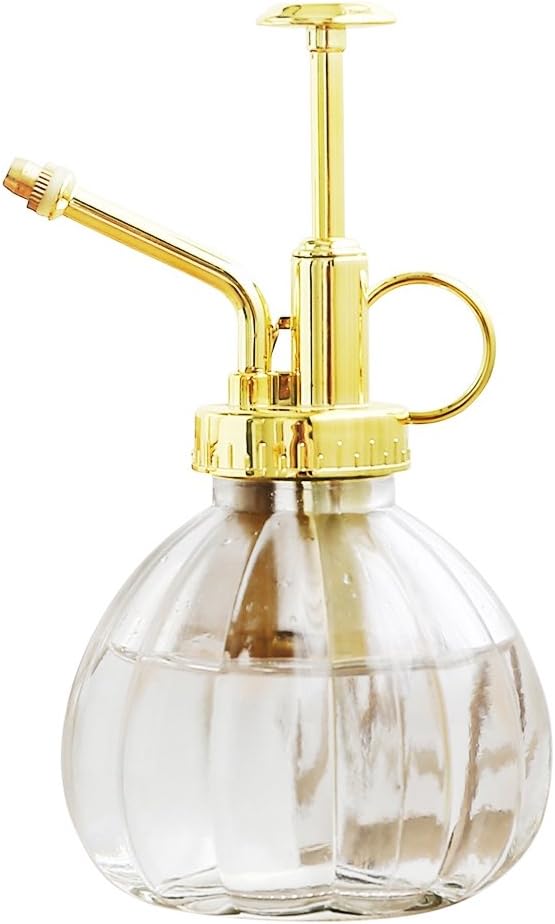 Plant Mister, 6.5" Tall Decorative Glass Water Spray Bottle with Gold Top Pump Small Watering Can by Ebristar - Clear-VerdiqueGarden