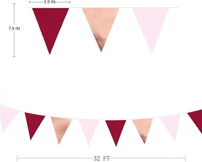 Burgundy Party Decorations Rose Gold Maroon Pink Fabric Triangle Pennant Banner Pink Garnet Flag Bunting Garland for Graduation Wedding Birthday Bridal Shower Bachelorette Anniversary Party Supplies-VerdiqueGarden