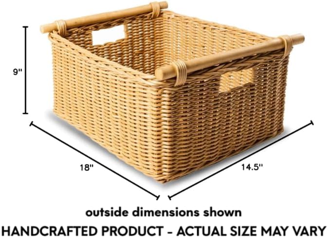 The Basket Lady Pole Handle Wicker Storage Basket, Large, 18 in L x 14.5 in W x 9 in H, Sandstone-VerdiqueGarden