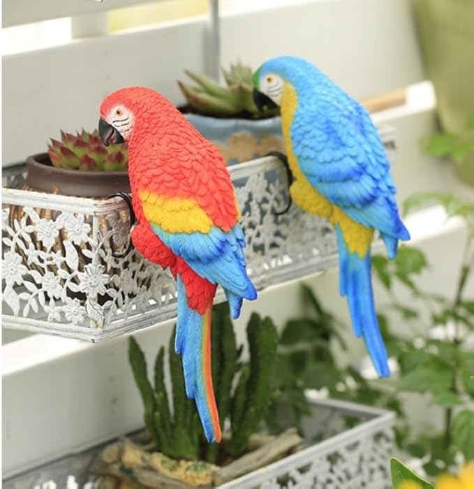 Realistic Parrot Sculpture Resin Hanging Parrots Garden Statues Lifelike Bird Figurines Landscape Ornament Patio Yard Lawn Figurine Tree Decor, Outdoor Garden Wall Statues (Blue)-VerdiqueGarden