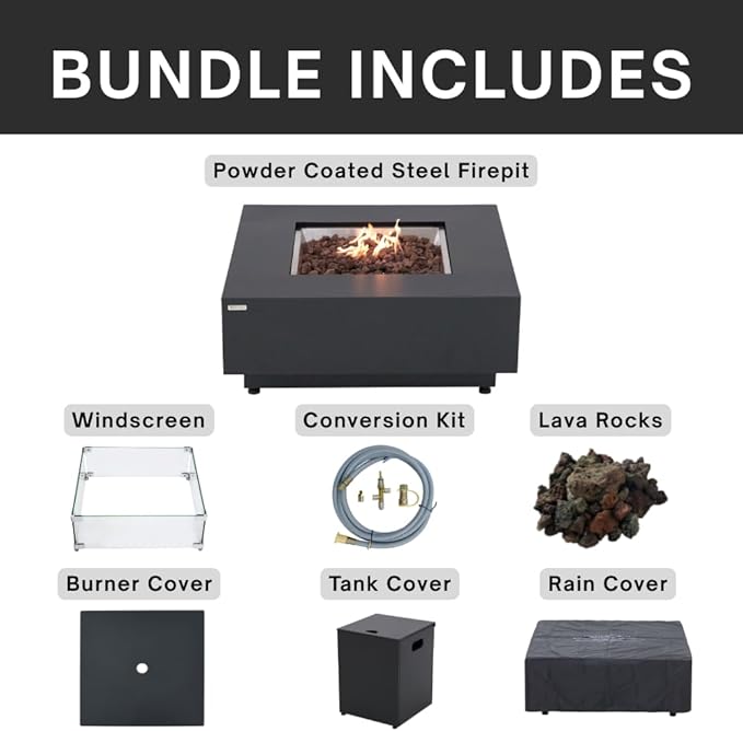 Ashton 36” Propane Fire Pit Smokeless Firepit Converts to Outdoor Gas Fire Pit for Outside Patio Firepit Table Includes Windscreen Rain & Tank Cover Lava Rocks Lid CSA Certified-VerdiqueGarden