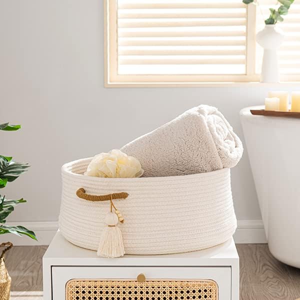 KAKAMAY Woven Baskets for Storage(16"x8"),Blanket Basket for Organizing Living Room,Cotton Rope Basket Woven Baby Laundry Hamper,Collapsible Laundry Room Organization,Clothes,Toy Chest(White)-VerdiqueGarden