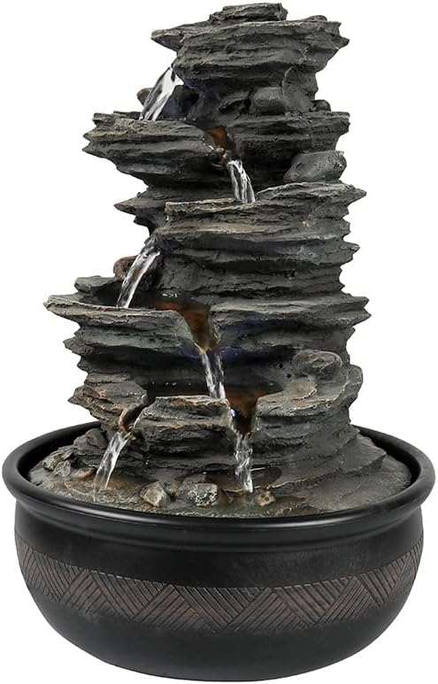 15.7” High Rock Falls Tabletop Water Fountain with LED Lights - 5-Tier Indoor Relaxation Waterfall Fountain, Small Cascading Water Feature for Home and Office Decor Gray-1-VerdiqueGarden