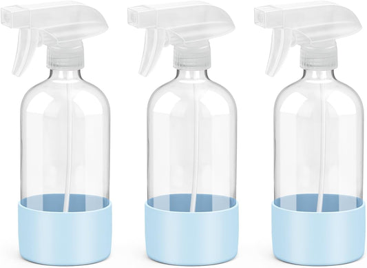 Glass Spray Bottles with Silicone Sleeve Protection, Empty 16 oz Refillable Containers, Reusable Spray Bottles with Adjustable Nozzle for Hair, Cleaning Solutions, 3 Pack Blue-VerdiqueGarden