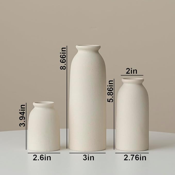 Ceramic Vase Set-3, Small Flower Vases for Decor, Modern Boho Farmhouse Style, Decorative Vases for Pampas Grass & Dried Flowers, Distressed Finish (Beige)-VerdiqueGarden