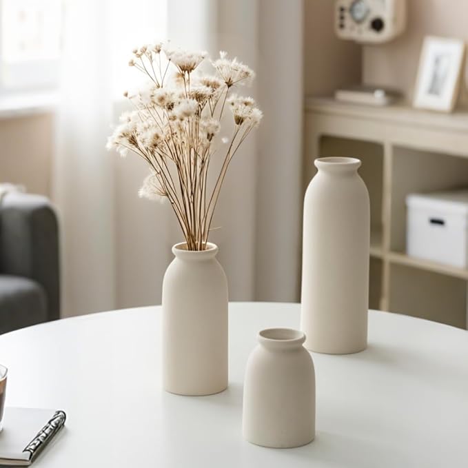 Ceramic Vase Set-3, Small Flower Vases for Decor, Modern Boho Farmhouse Style, Decorative Vases for Pampas Grass & Dried Flowers, Distressed Finish (Beige)-VerdiqueGarden
