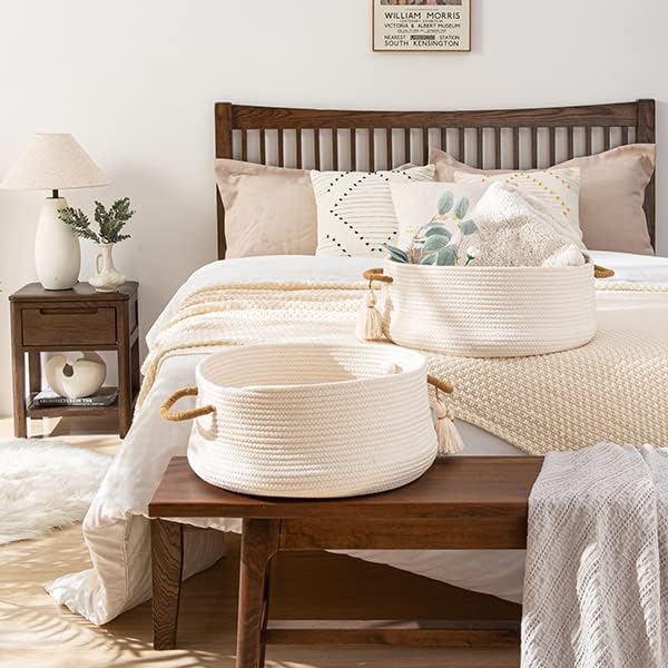 KAKAMAY Woven Baskets for Storage(16"x8"),Blanket Basket for Organizing Living Room,Cotton Rope Basket Woven Baby Laundry Hamper,Collapsible Laundry Room Organization,Clothes,Toy Chest(White)-VerdiqueGarden