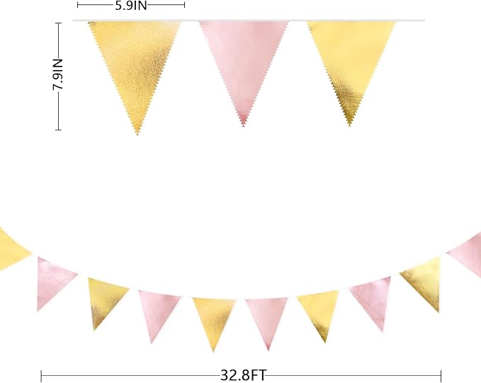Pink Gold Party Decoration Metallic Fabric Light Pink Gold Triangle Pennant Banner Flag Bunting Garland for Women Girl Birthday Retirement Graduations Bridal Shower Wedding Baby Shower Party Supplies-VerdiqueGarden