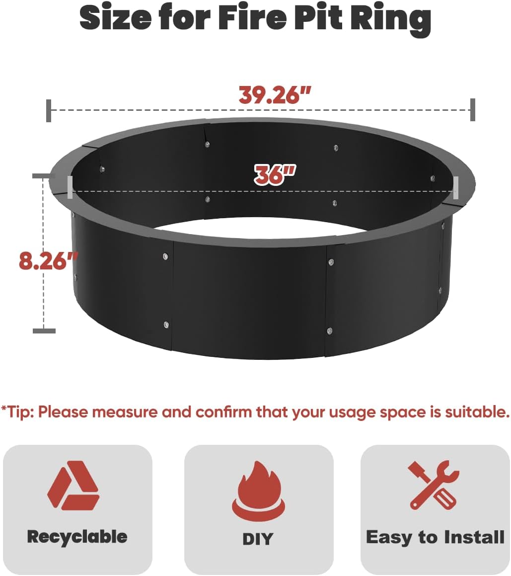 36 Inch Inner Round Fire Pit Ring Insert for Outside Wood Burning, 40 Inch Outer 36 Inch Inner DIY Outdoor Fire Pit Liner Ring for Garden, Patio, Backyard or Camping, 1.5mm Thick Metal Steel-VerdiqueGarden