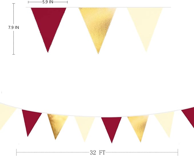 Burgundy Party Decorations Gold Maroon Beige Fabric Triangle Pennant Banner Garnet Flag Bunting Garland for Graduation Wedding Birthday Bridal Shower Bachelorette Anniversary Engagement Party Supplies-VerdiqueGarden